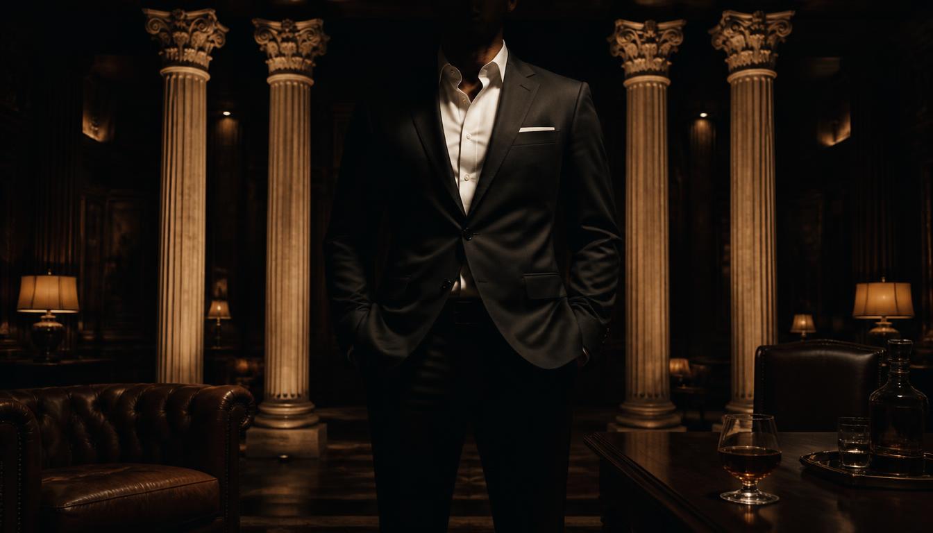 A shadowed gentleman in a black suit standing between four grand Roman columns in a whisky lounge
